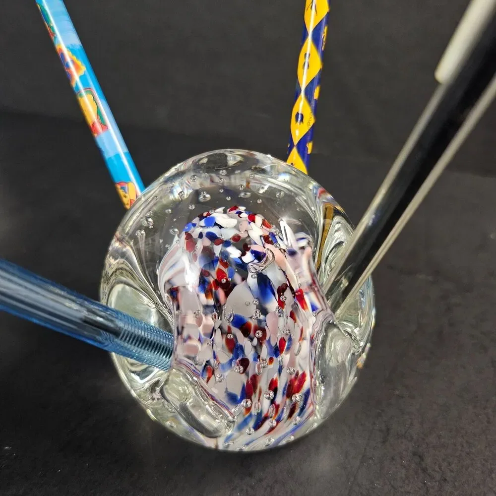 Vtg Murano Glass Paperweight Red White Blue Controlled Bubbles Pen Pencil Holder